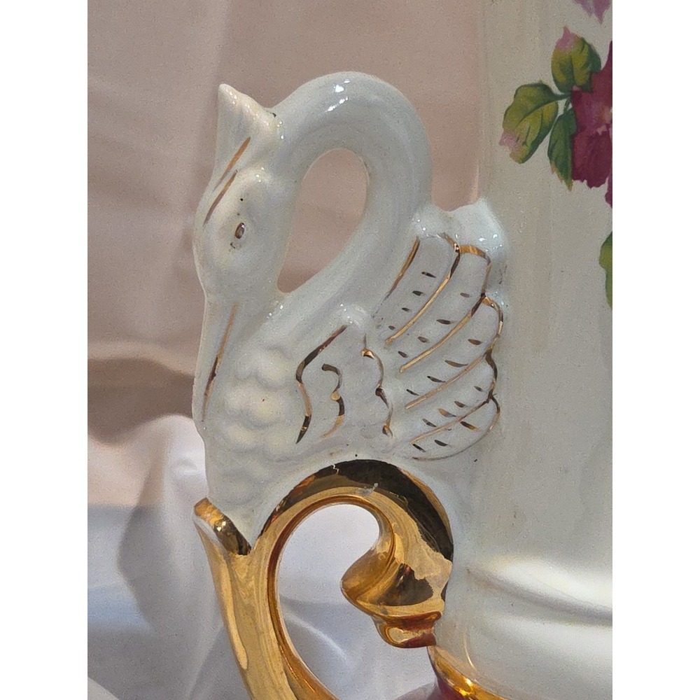 Victorian Style Lamp Worrall Roses Swans Gilded Ceramic 1940s Signed  Wescal Wrk - Picture 3 of 13